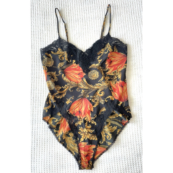 Natori Other - Vintage NATORI Size Petite Bodysuit Teddy Lingerie One Piece Black Gold Lace